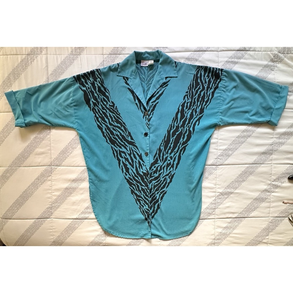VTG 80s 90s DOTTI Teal Zebra Print Button Up Tunic Top Woman's Retro Oversized